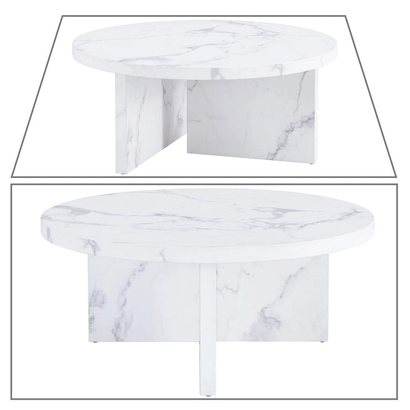 Modern Stylish Wooden Round Coffee Table with Imitation Marble Veneer Surface