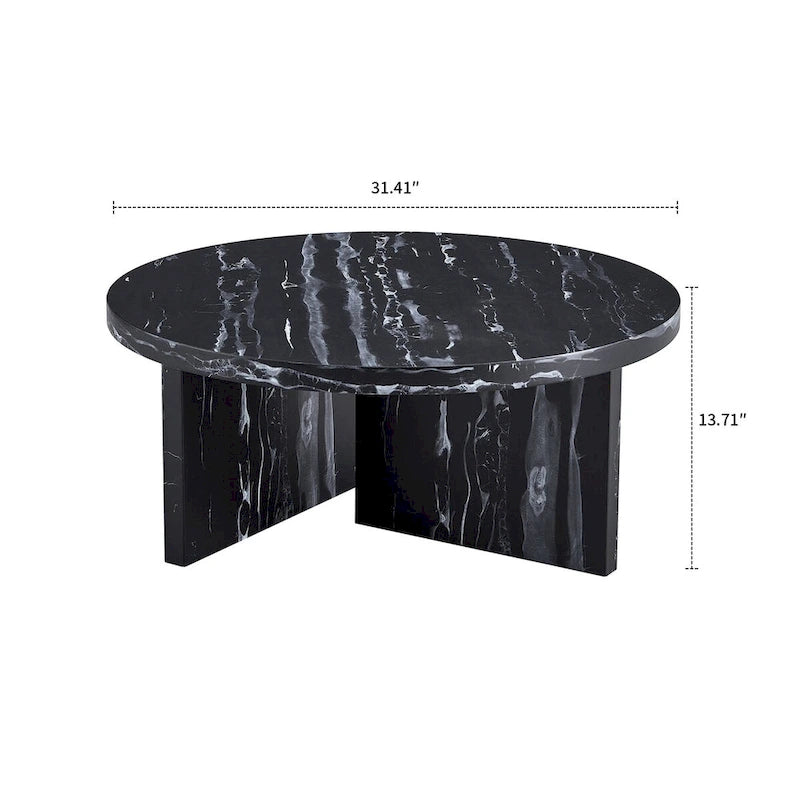 Modern Stylish Wooden Round Coffee Table with Imitation Marble Veneer Surface