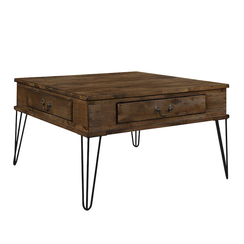 Itti 32 Inch Square Cocktail Coffee Table, 2 Drawers, Brown Wood, Black