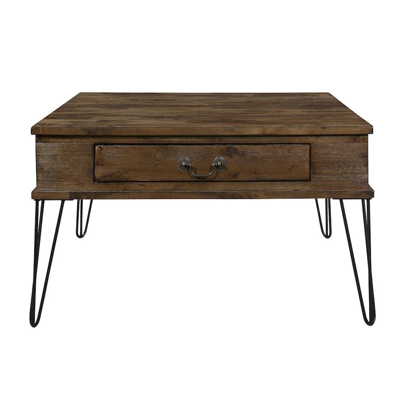 Itti 32 Inch Square Cocktail Coffee Table, 2 Drawers, Brown Wood, Black
