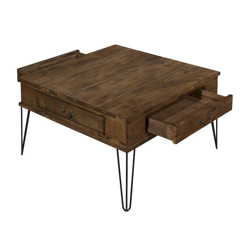 Itti 32 Inch Square Cocktail Coffee Table, 2 Drawers, Brown Wood, Black