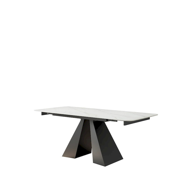 Contemporary White Rectangular Extendable Stone Dining Table with Black Base