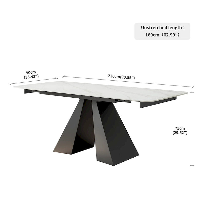 Contemporary White Rectangular Extendable Stone Dining Table with Black Base