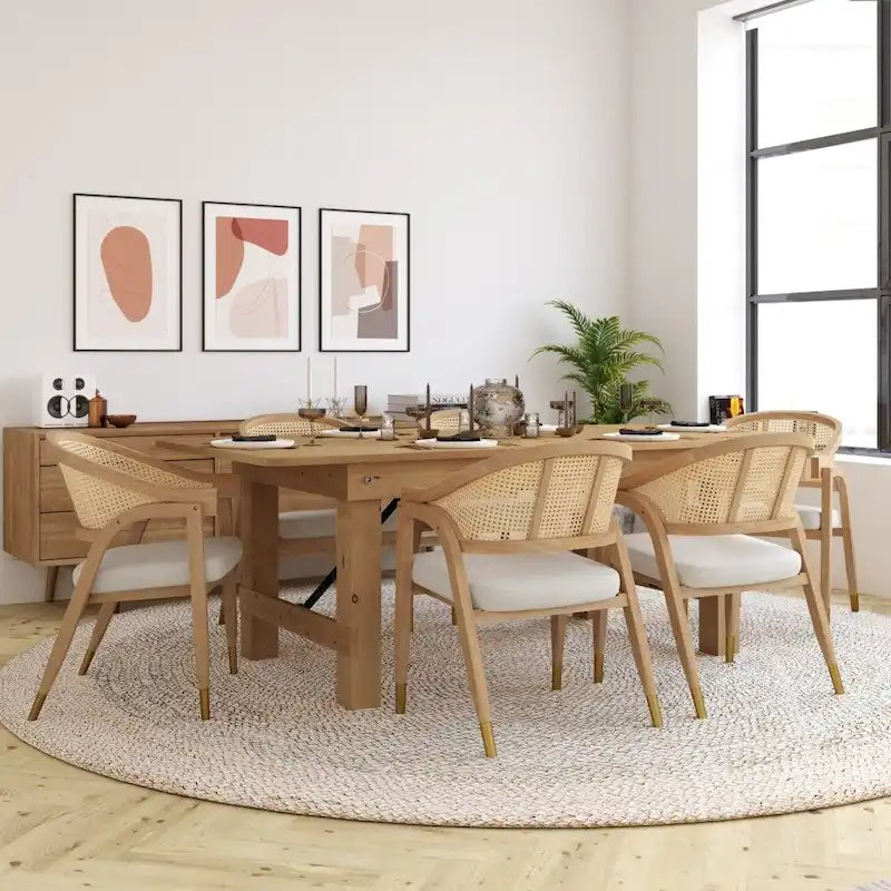 Cane Rattan Woven Back Dining Chair with Upholstered Seat