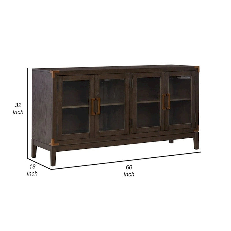 60 Inch Sideboard Display Server, 2 Glass Double Door Cabinets, Dark Brown
