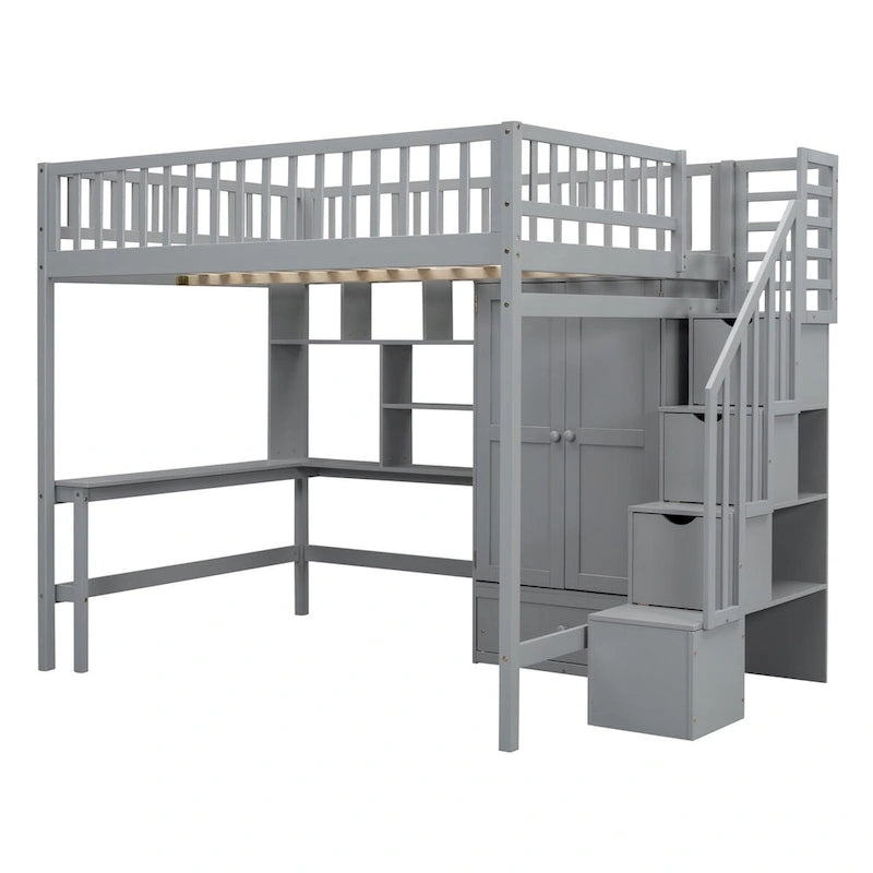 Full Loft Beds Stairway Loft Bed Frame with Wardrobe, Desk, Bookshelf and Drawers