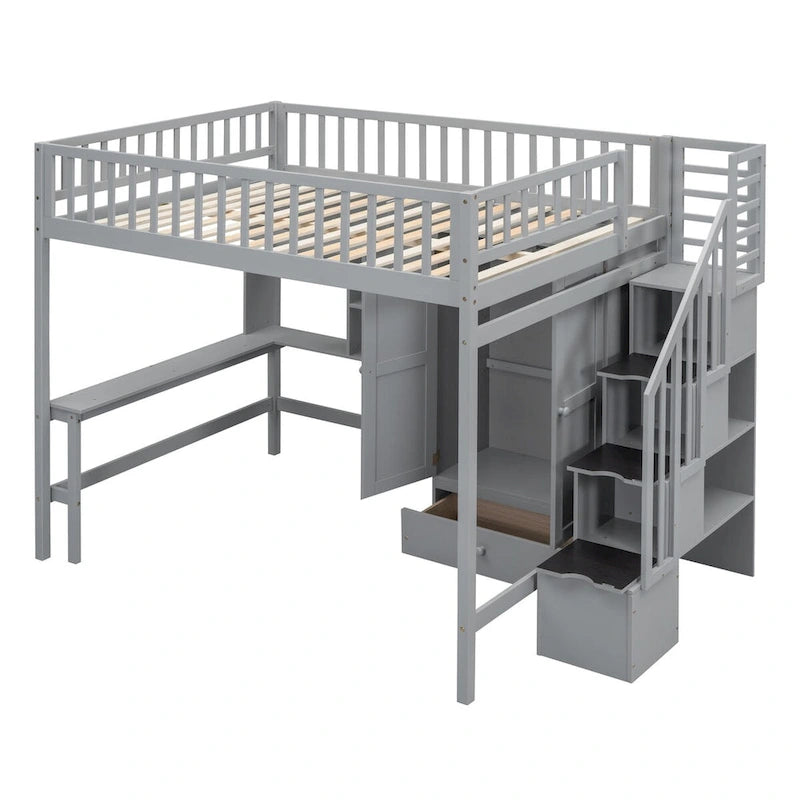 Full Loft Beds Stairway Loft Bed Frame with Wardrobe, Desk, Bookshelf and Drawers