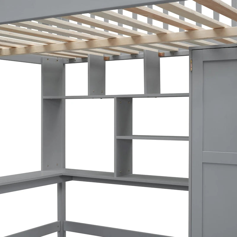 Full Loft Beds Stairway Loft Bed Frame with Wardrobe, Desk, Bookshelf and Drawers