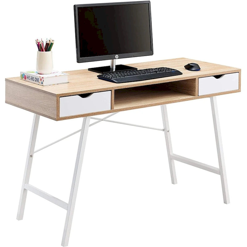 JJS Mid Century Modern Writing Desk Home Office Desk with Drawers & Storage