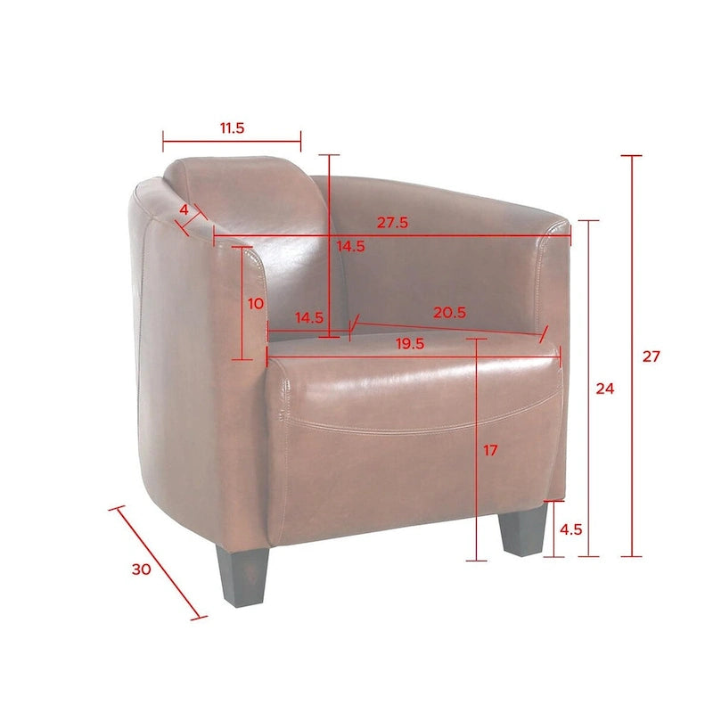 Pasargad Home Madison Top Grain Leather Armchair, Brown - W27.5xD30xH27