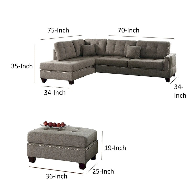 Polyfiber 3 Piece Sectional Set With Plush Cushion In Light Brown