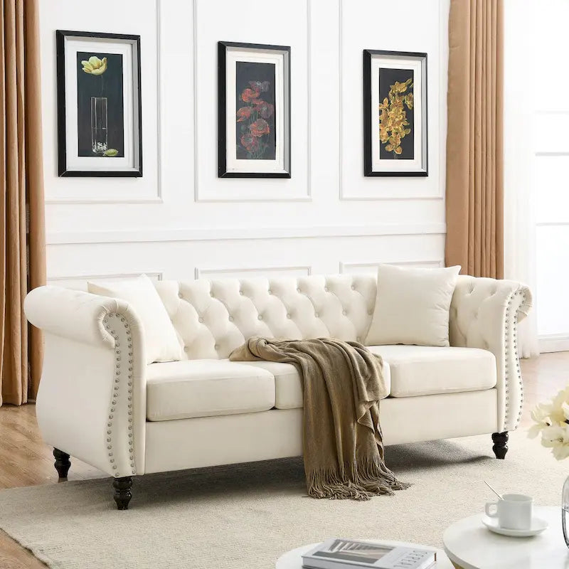 Beige Velvet Chesterfield 3 Seater Sofa, Rolled Arms, Nailhead Trim