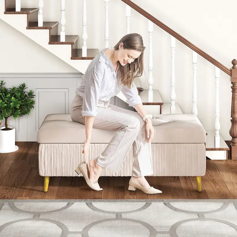 Modern Tufted Storage Ottoman Bench, Velvet Upholstered Storage Bench with Button Perfect for Bedroom, Living Room, Entryway