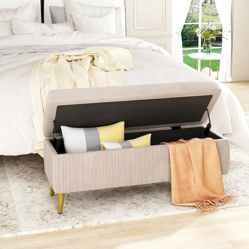 Modern Tufted Storage Ottoman Bench, Velvet Upholstered Storage Bench with Button Perfect for Bedroom, Living Room, Entryway