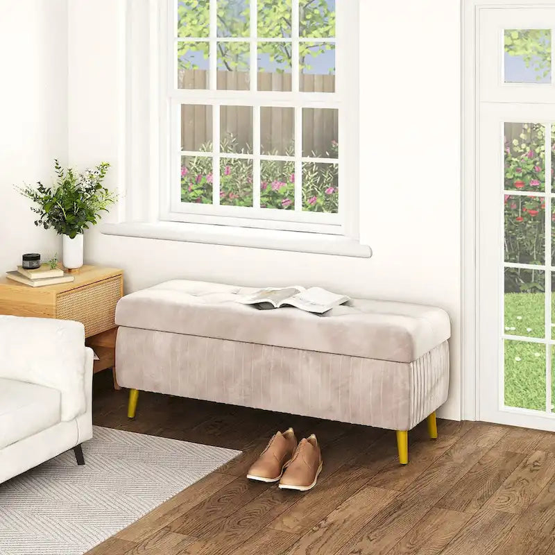 Modern Tufted Storage Ottoman Bench, Velvet Upholstered Storage Bench with Button Perfect for Bedroom, Living Room, Entryway