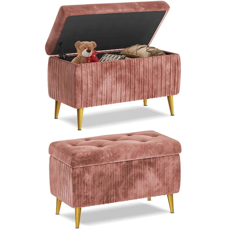 Modern Tufted Storage Ottoman Bench, Velvet Upholstered Storage Bench with Button Perfect for Bedroom, Living Room, Entryway