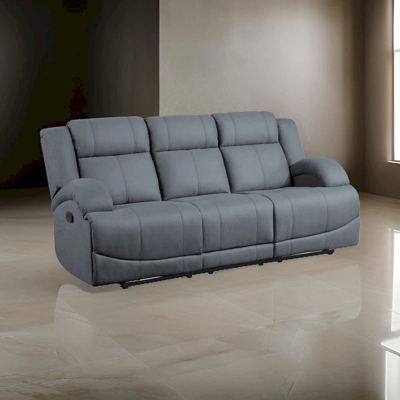 Kate 82 Inch Double Manual Recliner Sofa, Blue Microfiber, Solid Wood