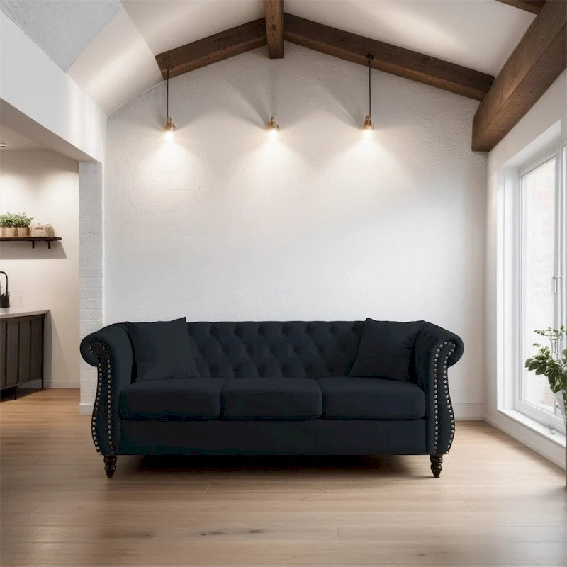 80 3 Seater Velvet Sofa with Rolled Arms and Two Pillows
