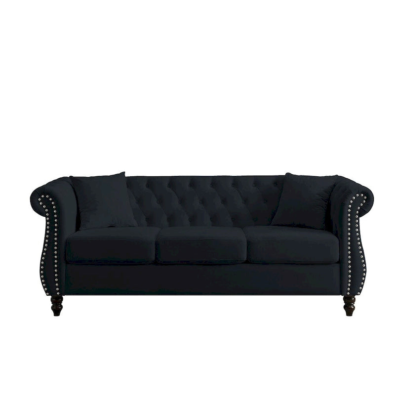 80 3 Seater Velvet Sofa with Rolled Arms and Two Pillows