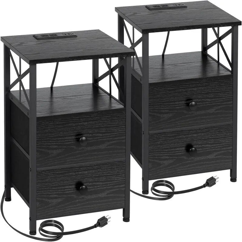 Black Nightstand with Charging Station - 15.7D x 13.8W x 23.8H
