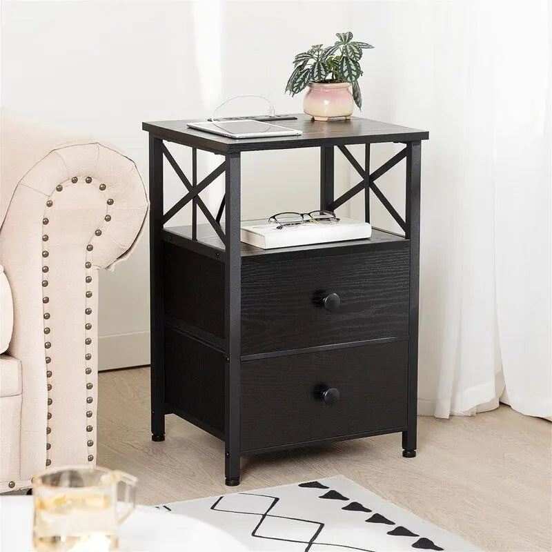 Black Nightstand with Charging Station - 15.7D x 13.8W x 23.8H