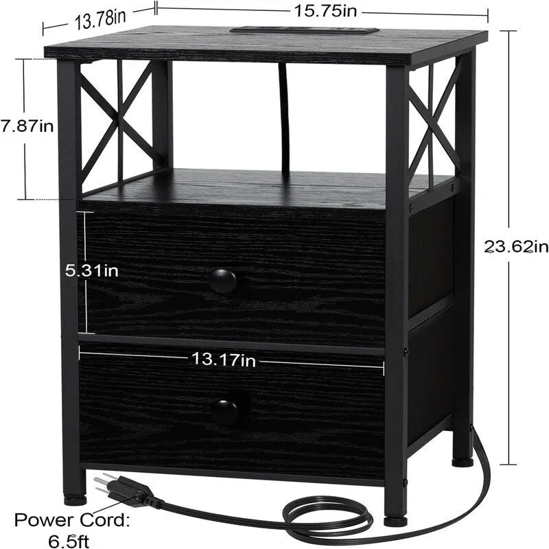 Black Nightstand with Charging Station - 15.7D x 13.8W x 23.8H