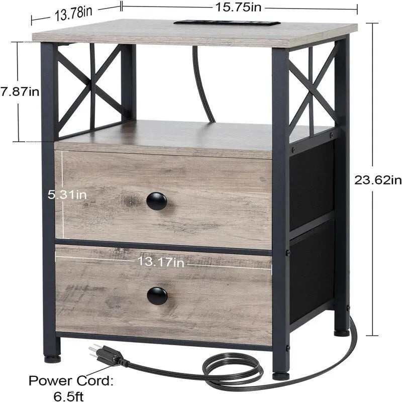 Black Nightstand with Charging Station - 15.7D x 13.8W x 23.8H