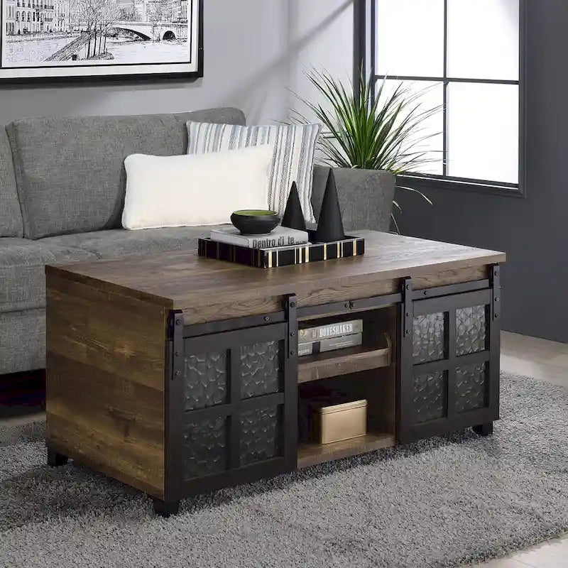 CUSchoice Rustic Oak & Black Finish Coffee Table with Obscure Glass - 47L X 24W X 23H