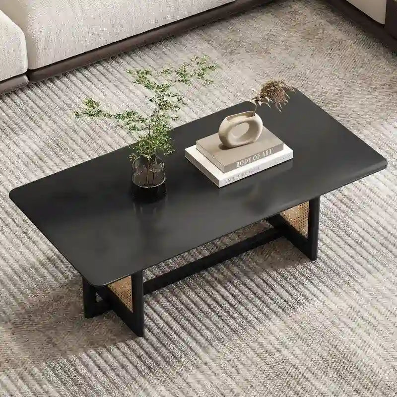 Chinese style white solid wood and imitation rattan coffee table