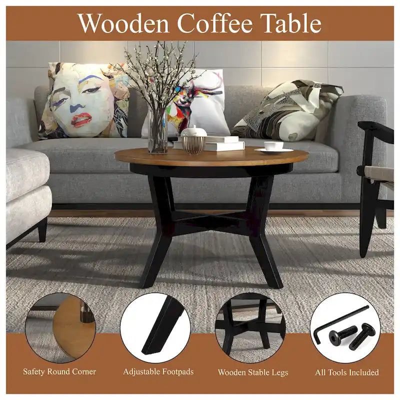Mid Century Farmhouse 32inch Wood Round Coffee Table for Living Room