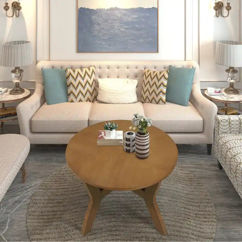 Mid Century Farmhouse 32inch Wood Round Coffee Table for Living Room