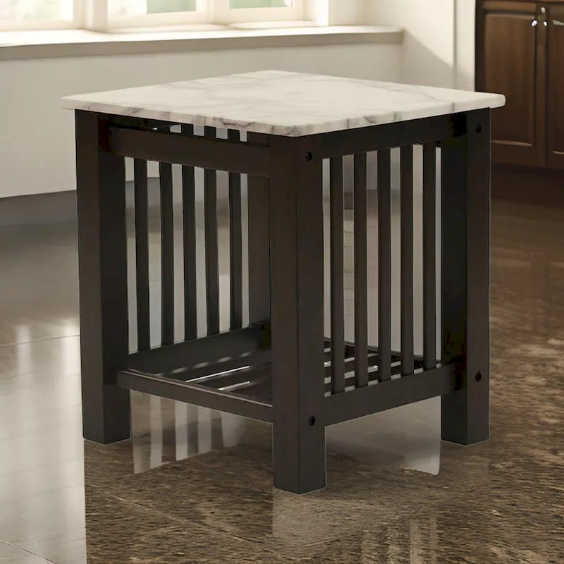 Moen 21 Inch Side End Table, White Faux Marble, Bottom Shelf, Black Wood