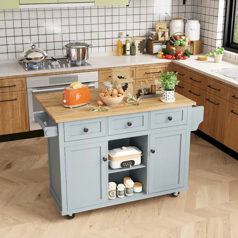 Kitchen Island on 5 Wheels with Storage Cabinet and 3 Drawers