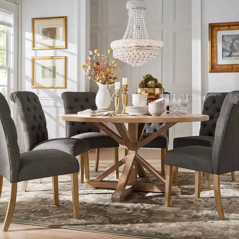 Benchwright Rustic X-base Round Pine Wood Rolled Back 7-piece Dining Set by iNSPIRE Q Artisan