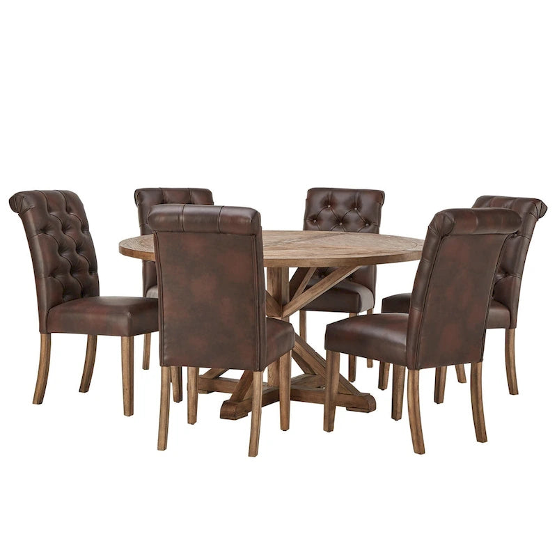 Benchwright Rustic X-base Round Pine Wood Rolled Back 7-piece Dining Set by iNSPIRE Q Artisan