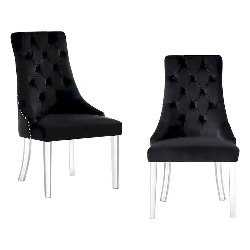 HomeRoots Set of Two Tufted Black and Clear Upholstered Velvet Dining Side Chairs