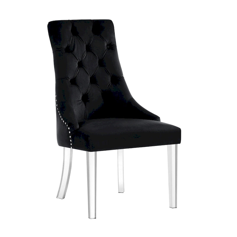 HomeRoots Set of Two Tufted Black and Clear Upholstered Velvet Dining Side Chairs