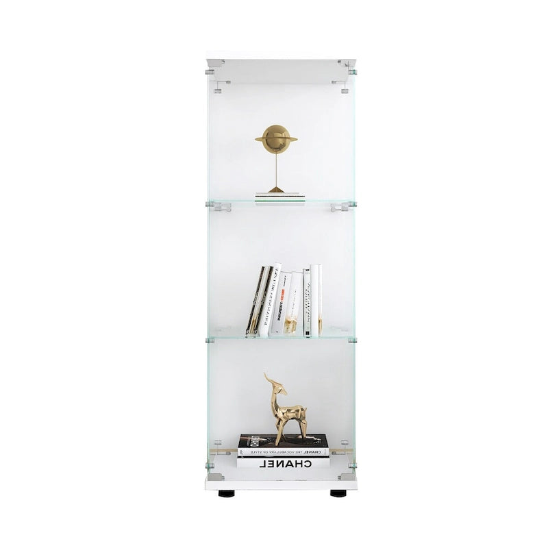 Glass Display Cabinet with 3 Shelves, One-Door Curio Cabinets, White Floor Standing Glass Bookshelf, Quick Installation