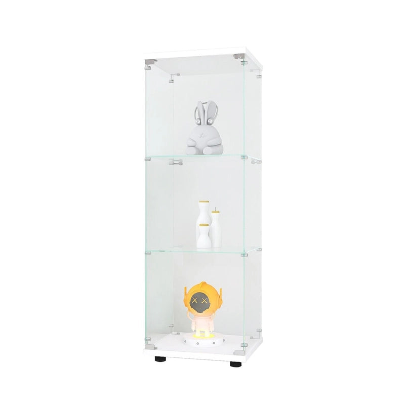 Glass Display Cabinet with 3 Shelves, One-Door Curio Cabinets, White Floor Standing Glass Bookshelf, Quick Installation
