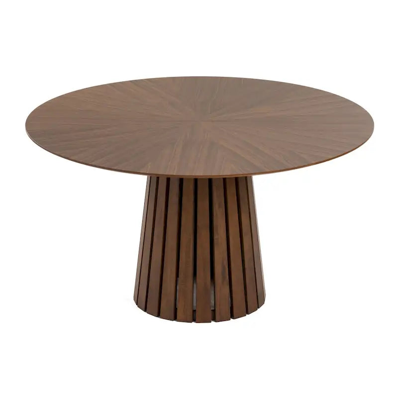 Cid Xeu 54 Inch Dining Table, Round Walnut Veneer, Slatted Pedestal Base