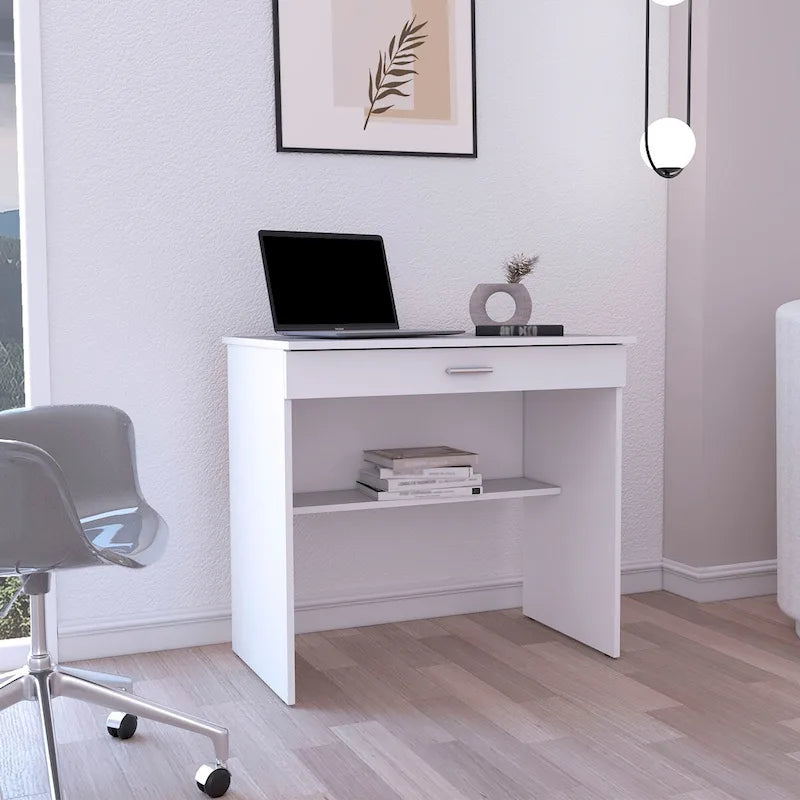 Writting Desk, Compact Workstation with Drawer and Lower Shelf
