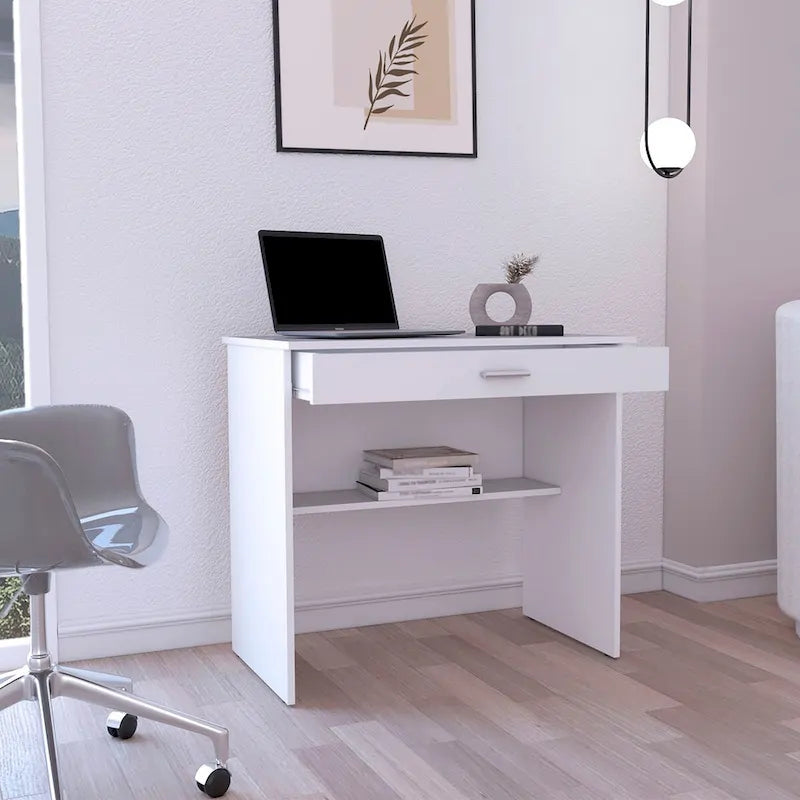 Writting Desk, Compact Workstation with Drawer and Lower Shelf