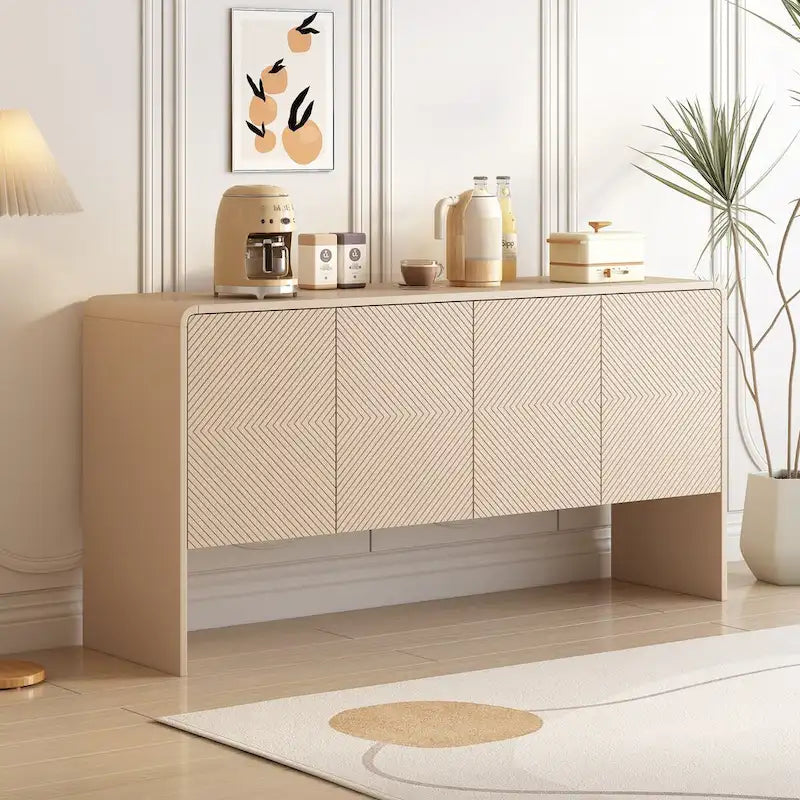 Minimalist Style 60L Large Storage Space Sideboard with 4 Doors and Rebound Device for Living Room and Entryway (Apricot Cream)