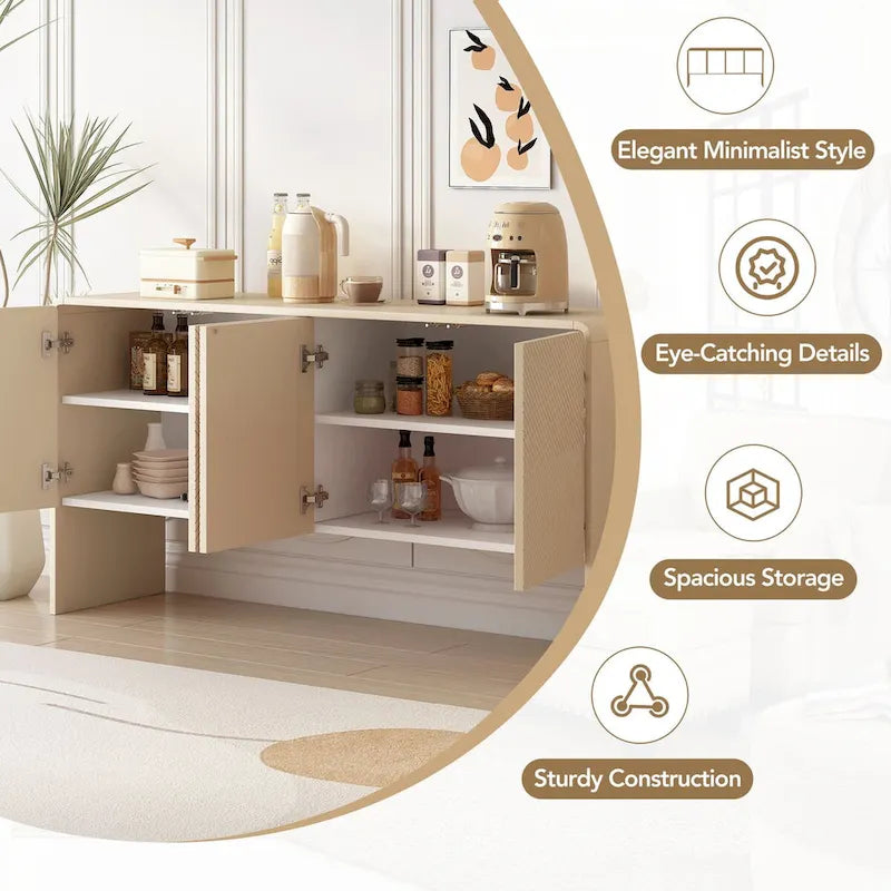 Minimalist Style 60L Large Storage Space Sideboard with 4 Doors and Rebound Device for Living Room and Entryway (Apricot Cream)