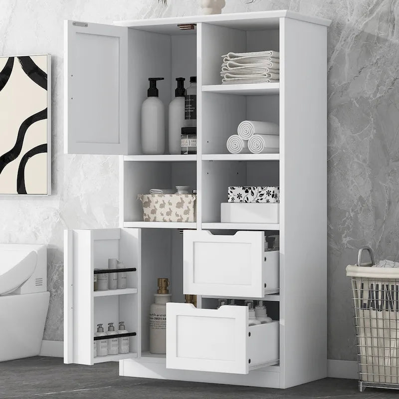 Bathroom Storage Cabinet with 2 Doors, 2 Drawers, Open Shelve & Adjustable Shelf