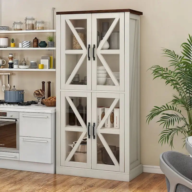 Moasis 66 Tall Freestanding Kitchen Pantry Cabinet with Glass Doors