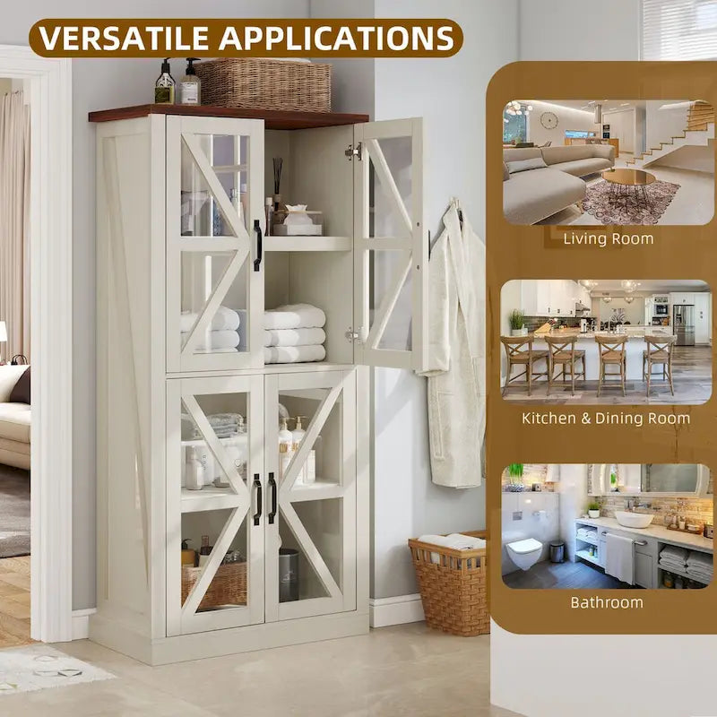 Moasis 66 Tall Freestanding Kitchen Pantry Cabinet with Glass Doors