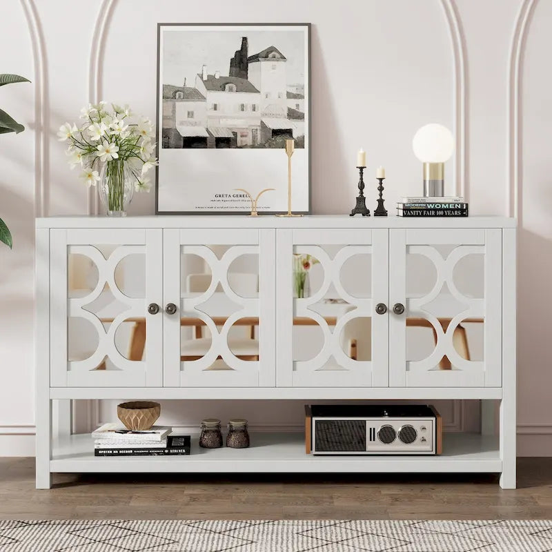 Elegant Retro Console Table/Storage Cabinet/Sideboard with Mirrored Doors, Spacious Shelves, and Durable Acacia Wood Legs