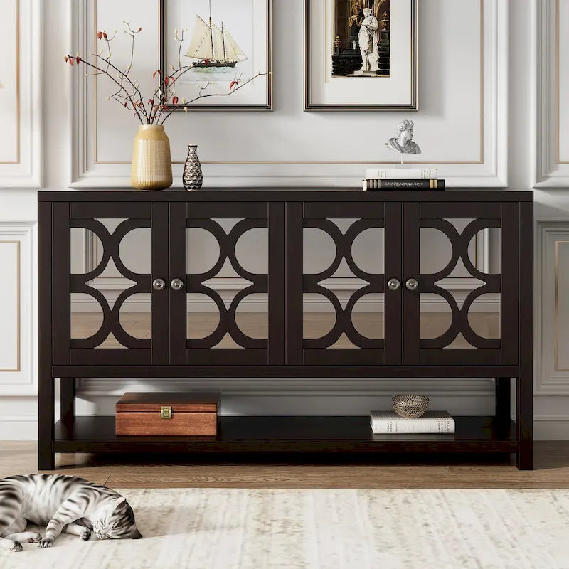 Elegant Retro Console Table/Storage Cabinet/Sideboard with Mirrored Doors, Spacious Shelves, and Durable Acacia Wood Legs