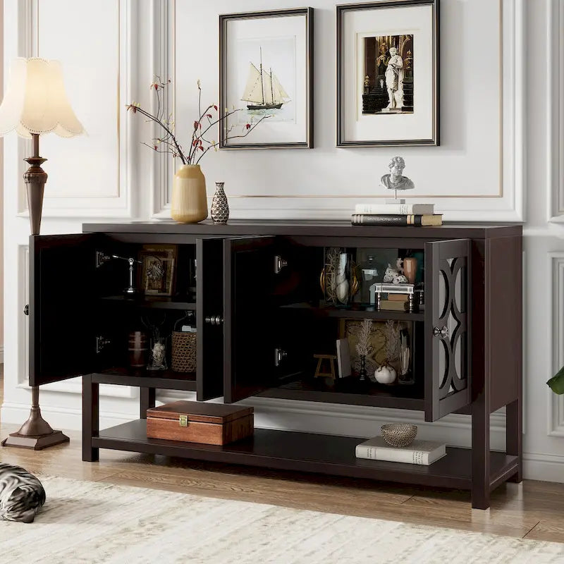 Elegant Retro Console Table/Storage Cabinet/Sideboard with Mirrored Doors, Spacious Shelves, and Durable Acacia Wood Legs